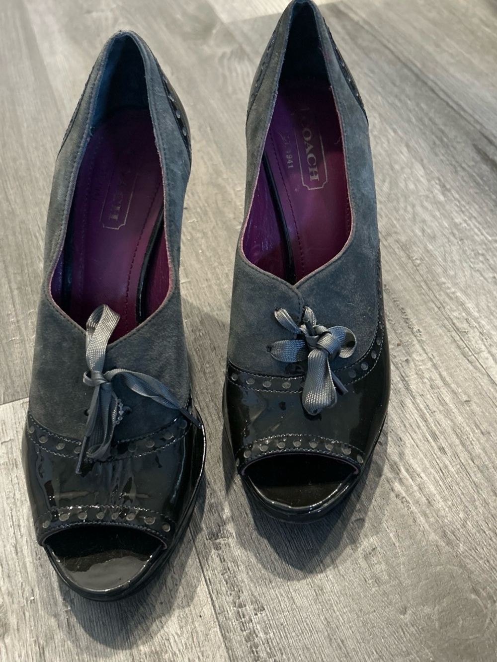 COACH Charcoal Suede and Black Patent Peep-Toe Heels
